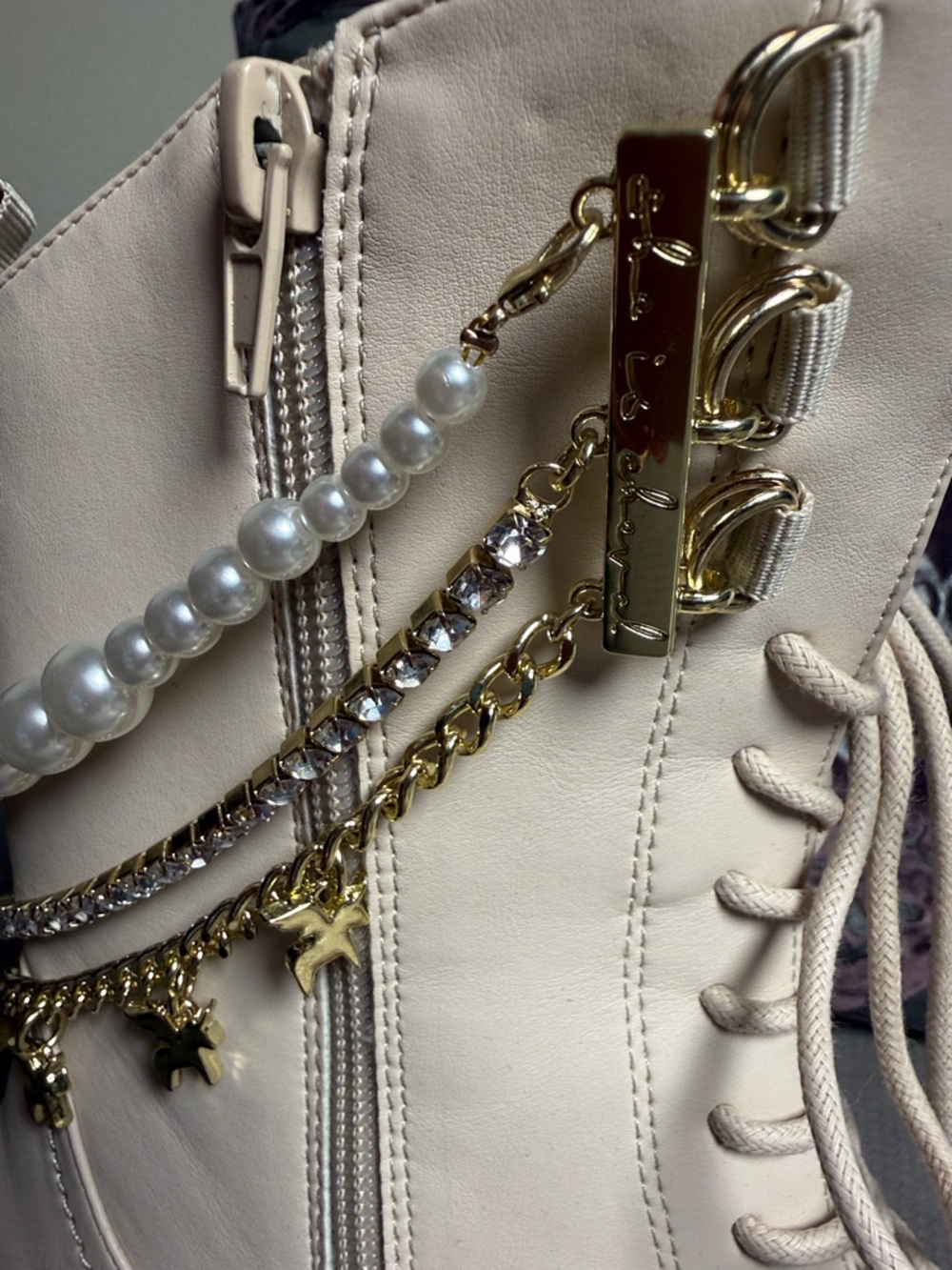Beige Lace-Up Platform Combat Boots with Pearl & Gold Chain Detail - Picture 8 of 11